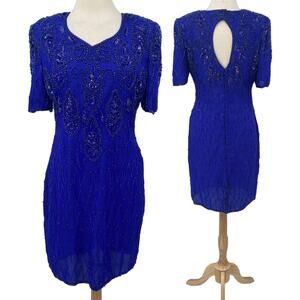 Vintage Beaded Silk Mini Dress Keyhole Back V Neck Shoulder Pads Blue Womens L